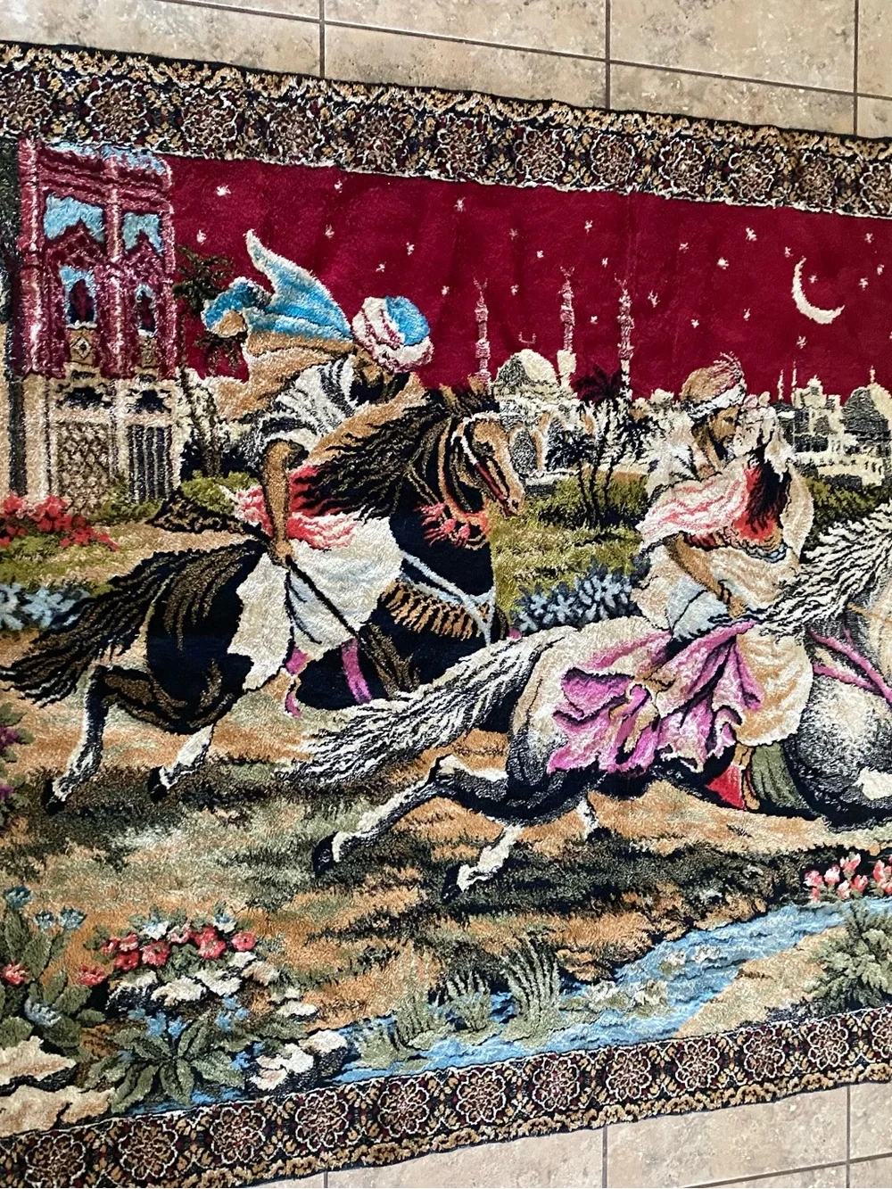 Vintage Arabian Nights Velvet Pictorial Tapestry Wall Hanging Rug Large 68”x46”